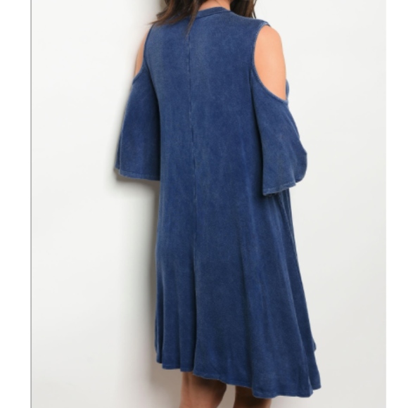 🆕 Navy Blue Wash Cold Shoulder Dress - Picture 2 of 2